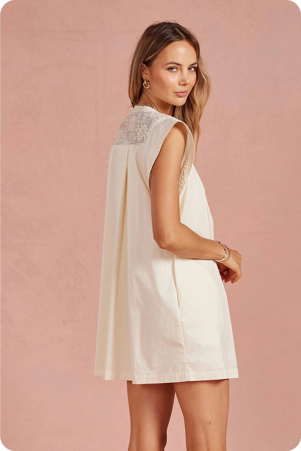 Contrast Floral Crochet Yoke Pleated Mini Dress