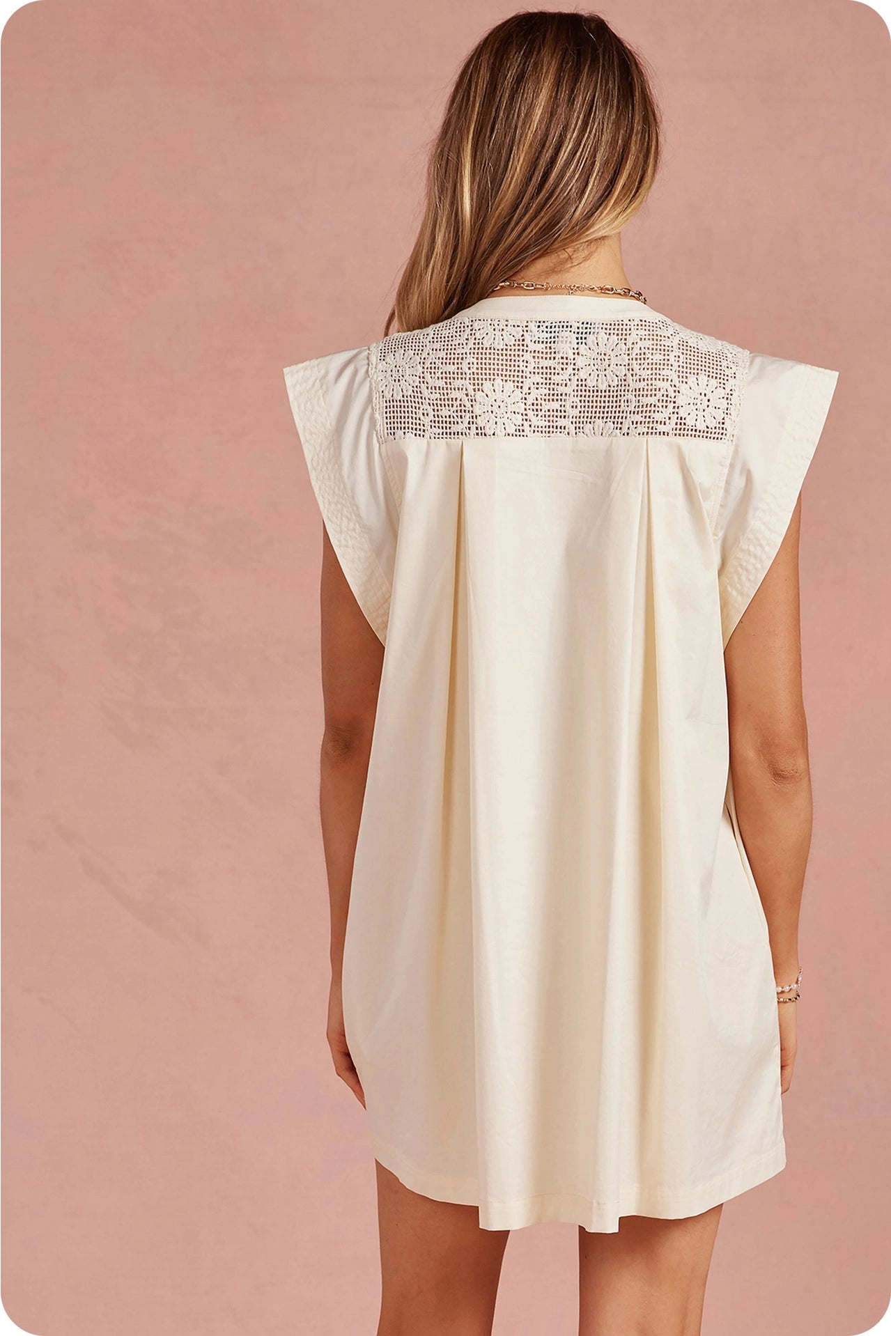 Contrast Floral Crochet Yoke Pleated Mini Dress