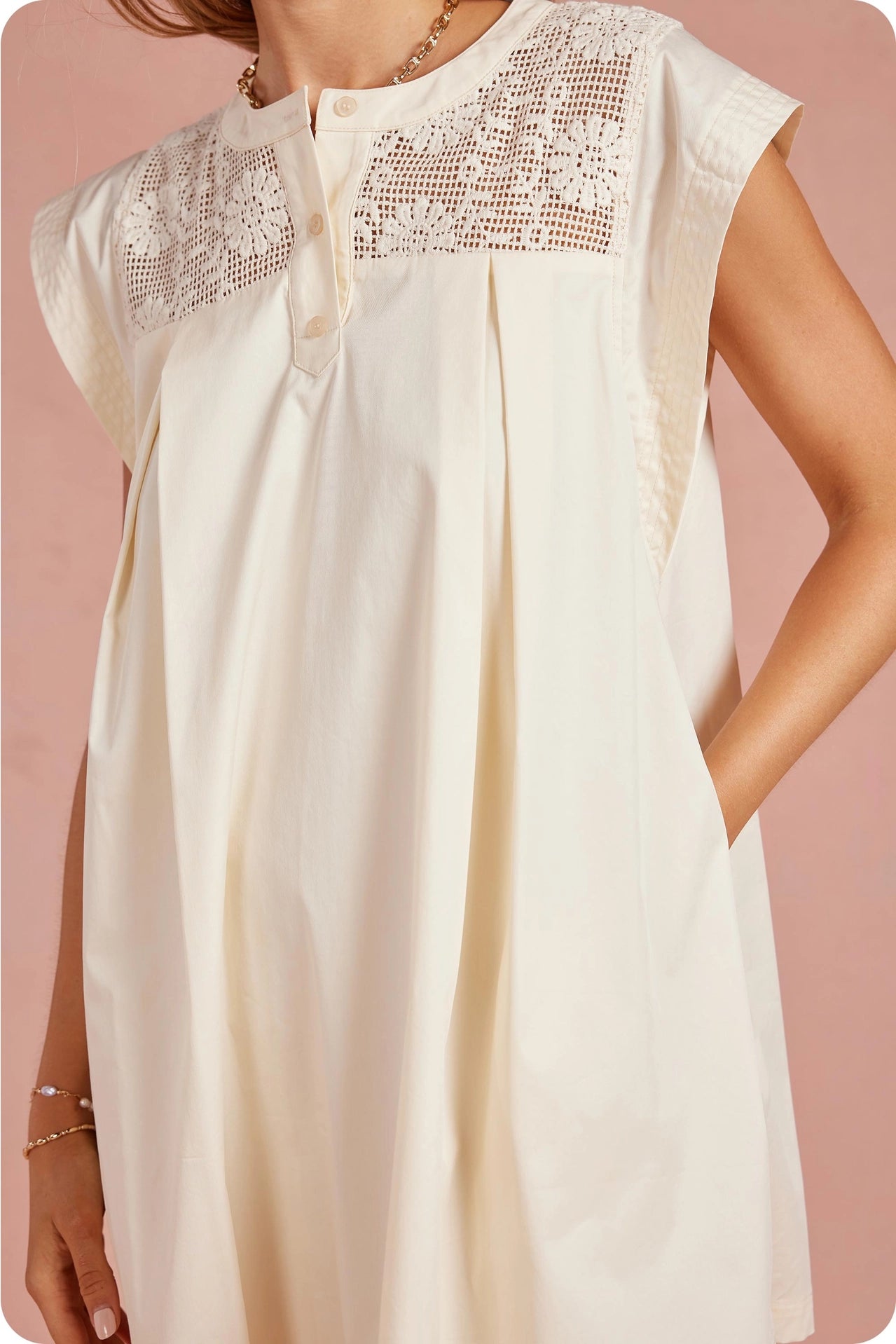 Contrast Floral Crochet Yoke Pleated Mini Dress