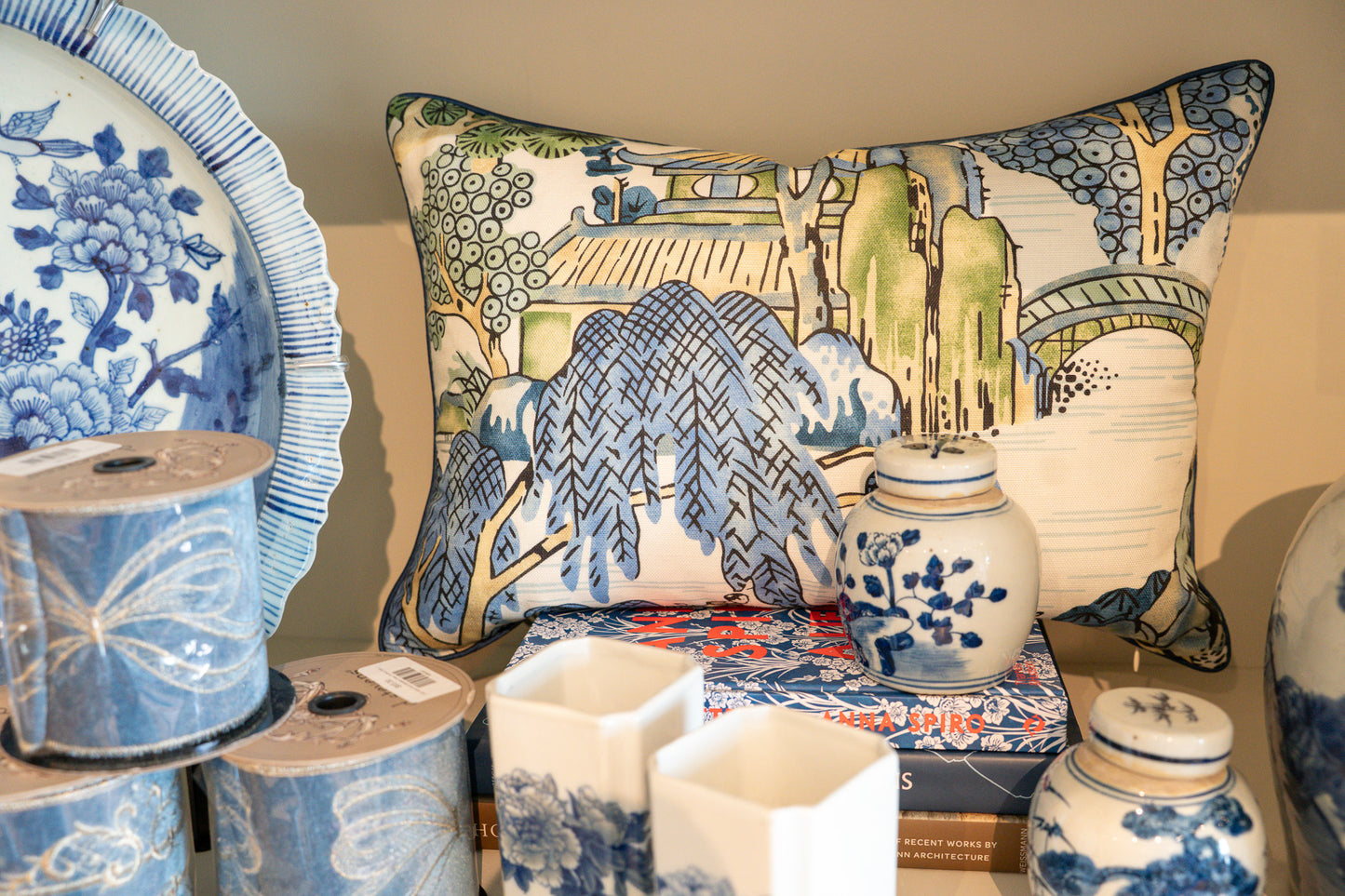 Thibaut Piped Asian Scenic Pillow | Blue/ Green