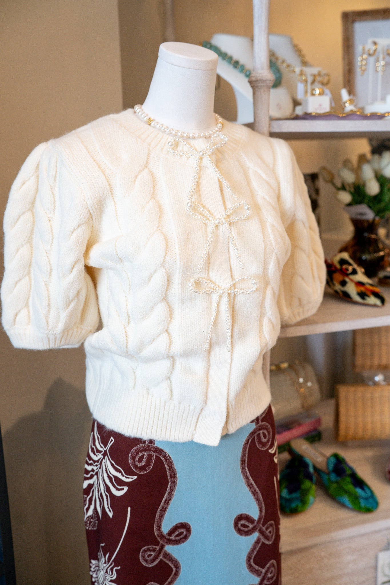 Pearl Bow Cable Knit Cardigan | Cream