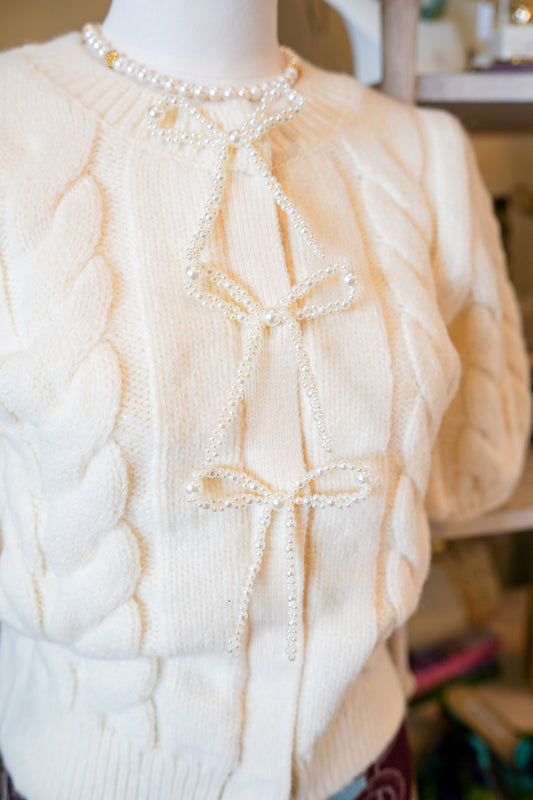 Pearl Bow Cable Knit Cardigan | Cream