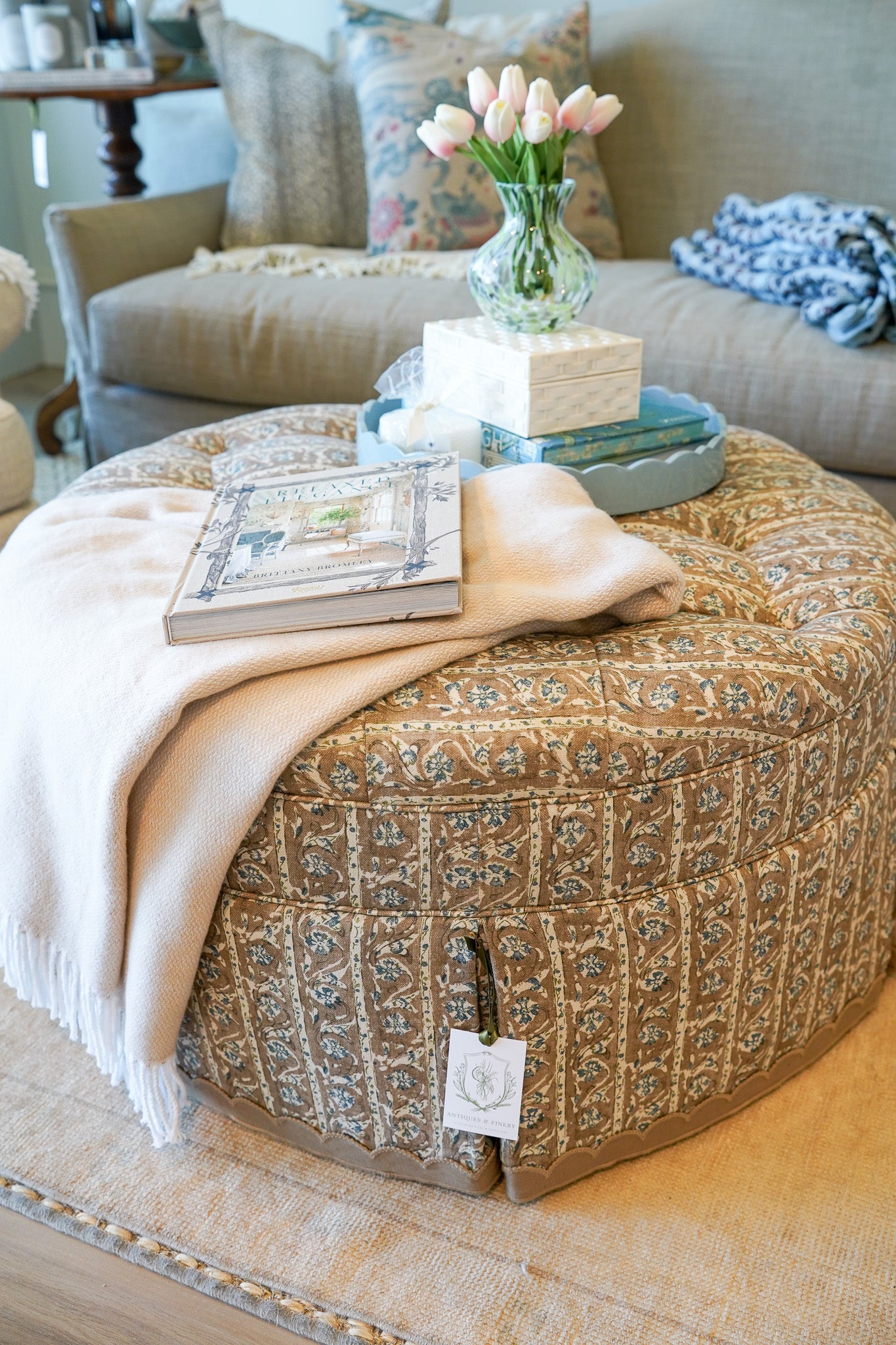 Morgan Skirted Ottoman Osterley/Pecan - Corby/Caramel Trim | Custom Fabricut