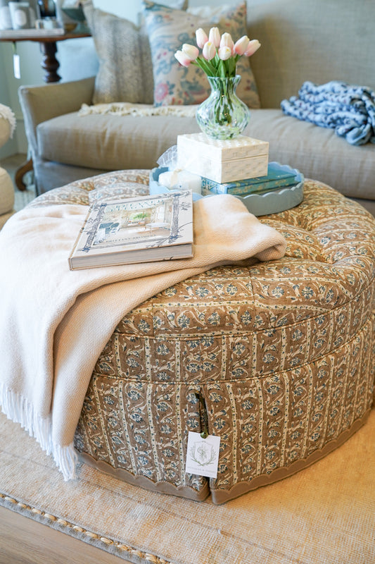 Morgan Skirted Ottoman Osterley/Pecan - Corby/Caramel Trim | Custom Fabricut