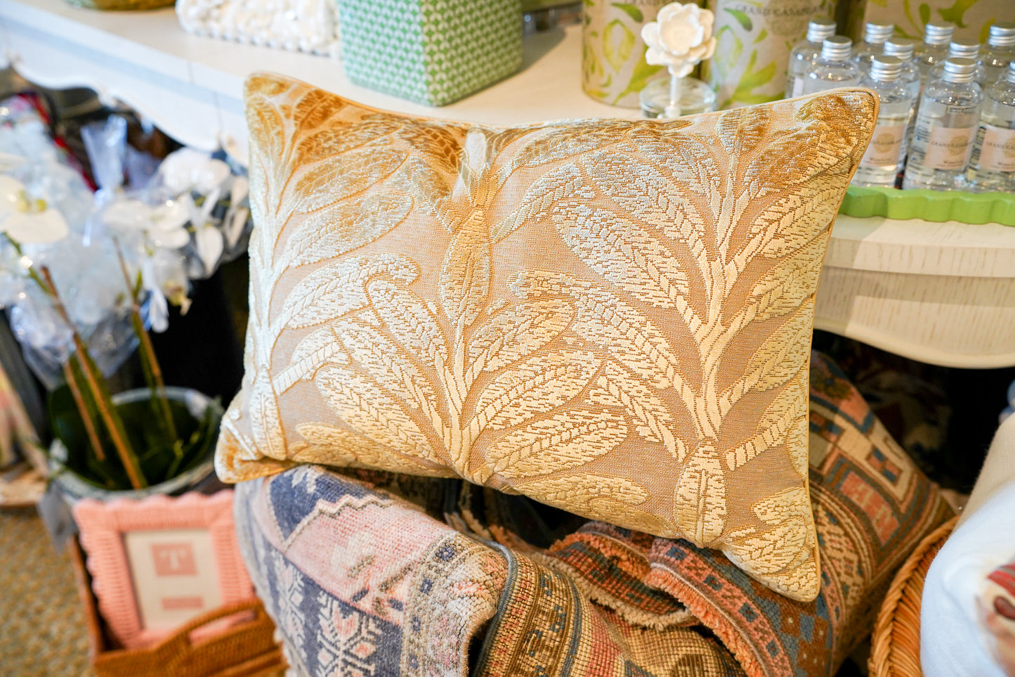 Thibaut Gold Leaf Design Velvet Lumbar Pillow