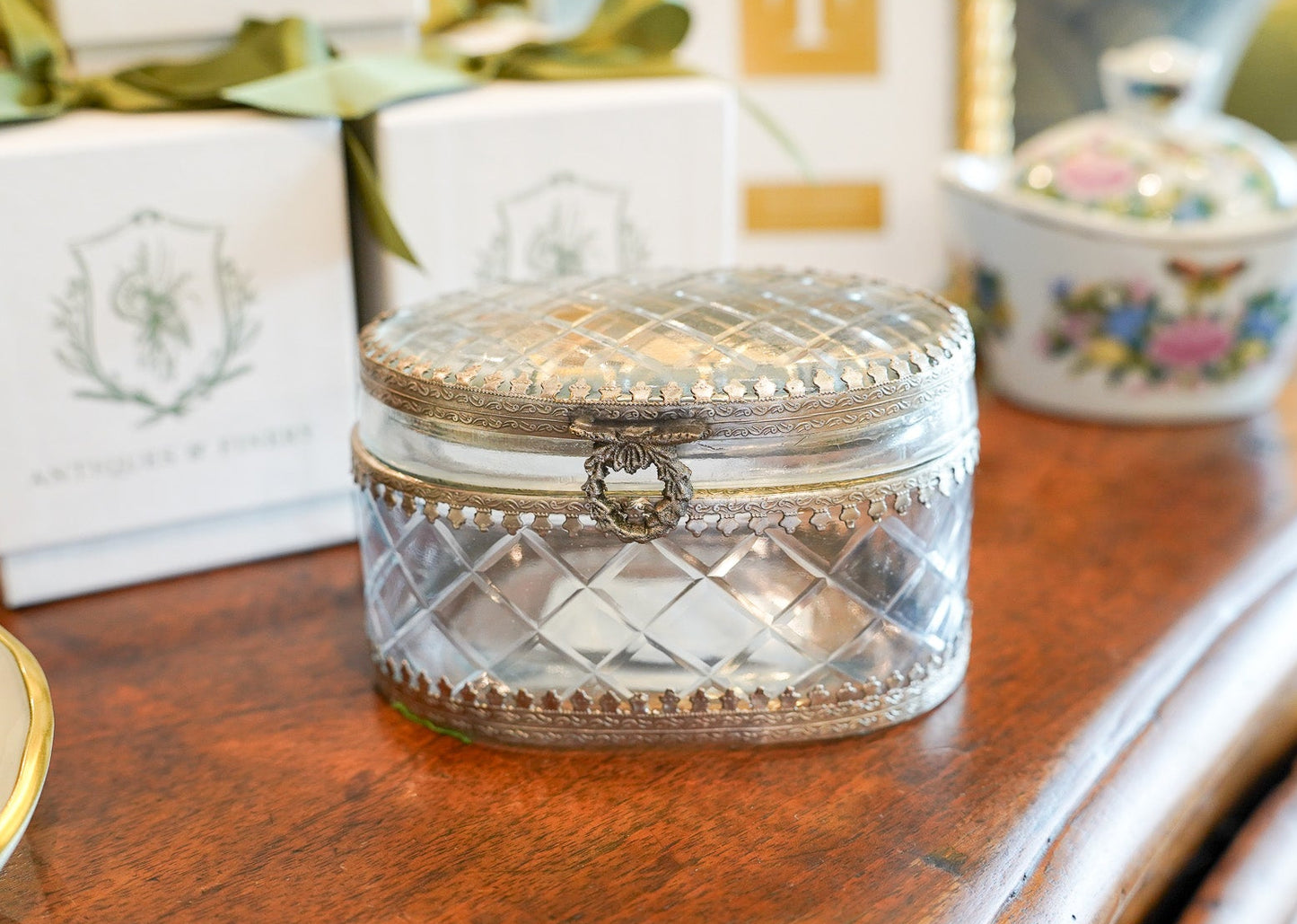 Oval Silver and Etched Glass Box