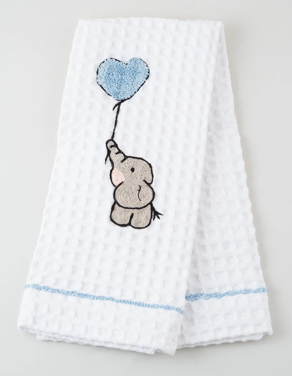 Elephant with Blue Balloon Embroidered Waffle | Face Towel