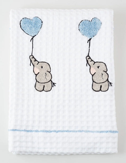 Elephant with Blue Balloon Embroidered Waffle | Bath Towel