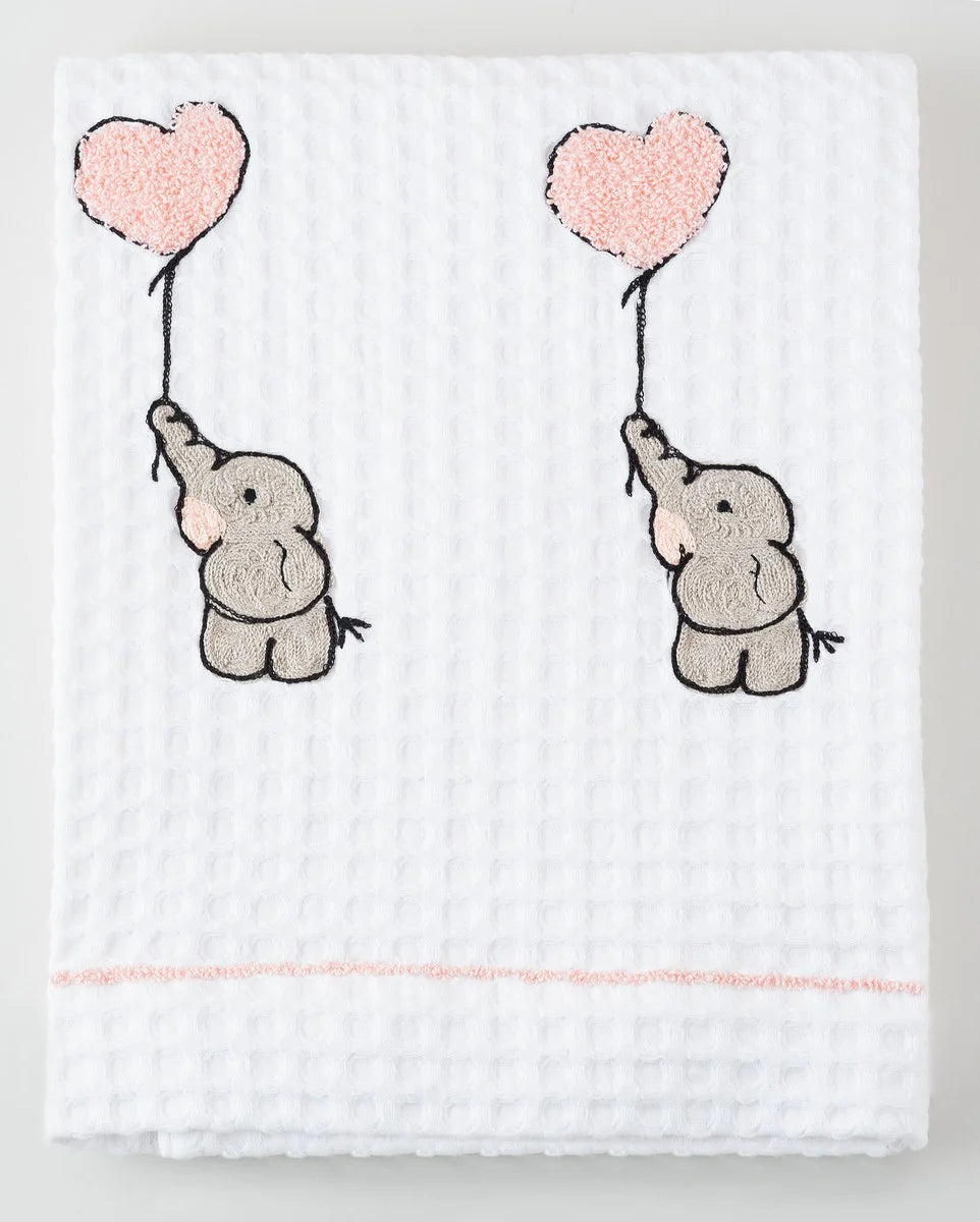 Elephant with Pink Balloon Embroidered Waffle | Bath Towel