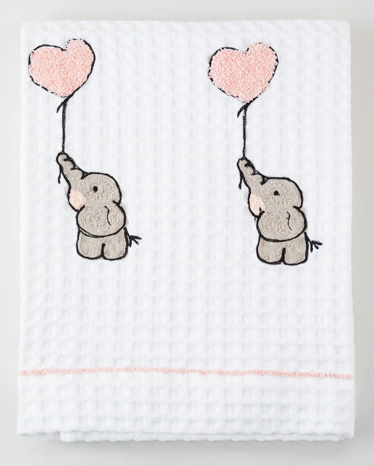 Elephant with Pink Balloon Embroidered Waffle | Bath Towel