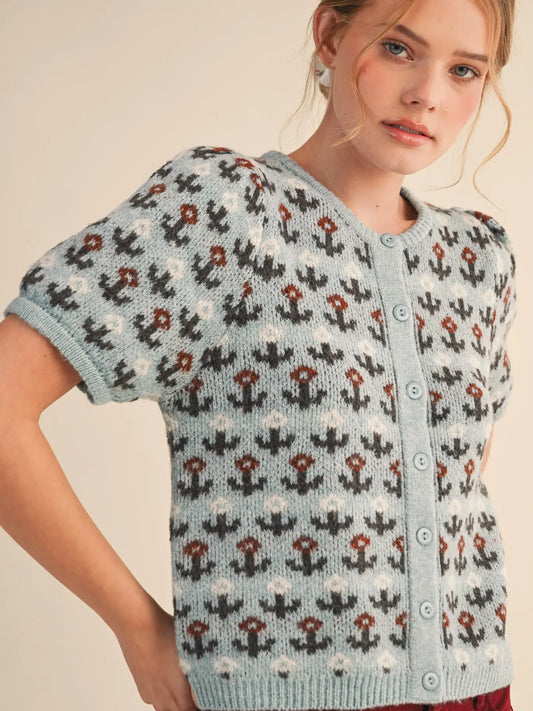 Floral Short Sleeve Sweater Cardigan | Blue Brown Floral