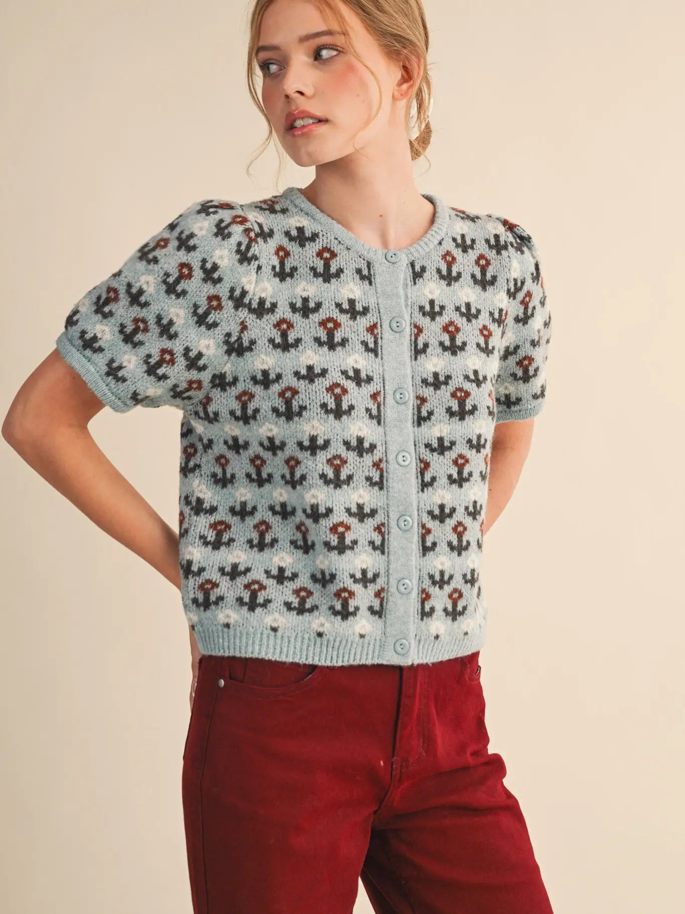Floral Short Sleeve Sweater Cardigan | Blue Brown Floral