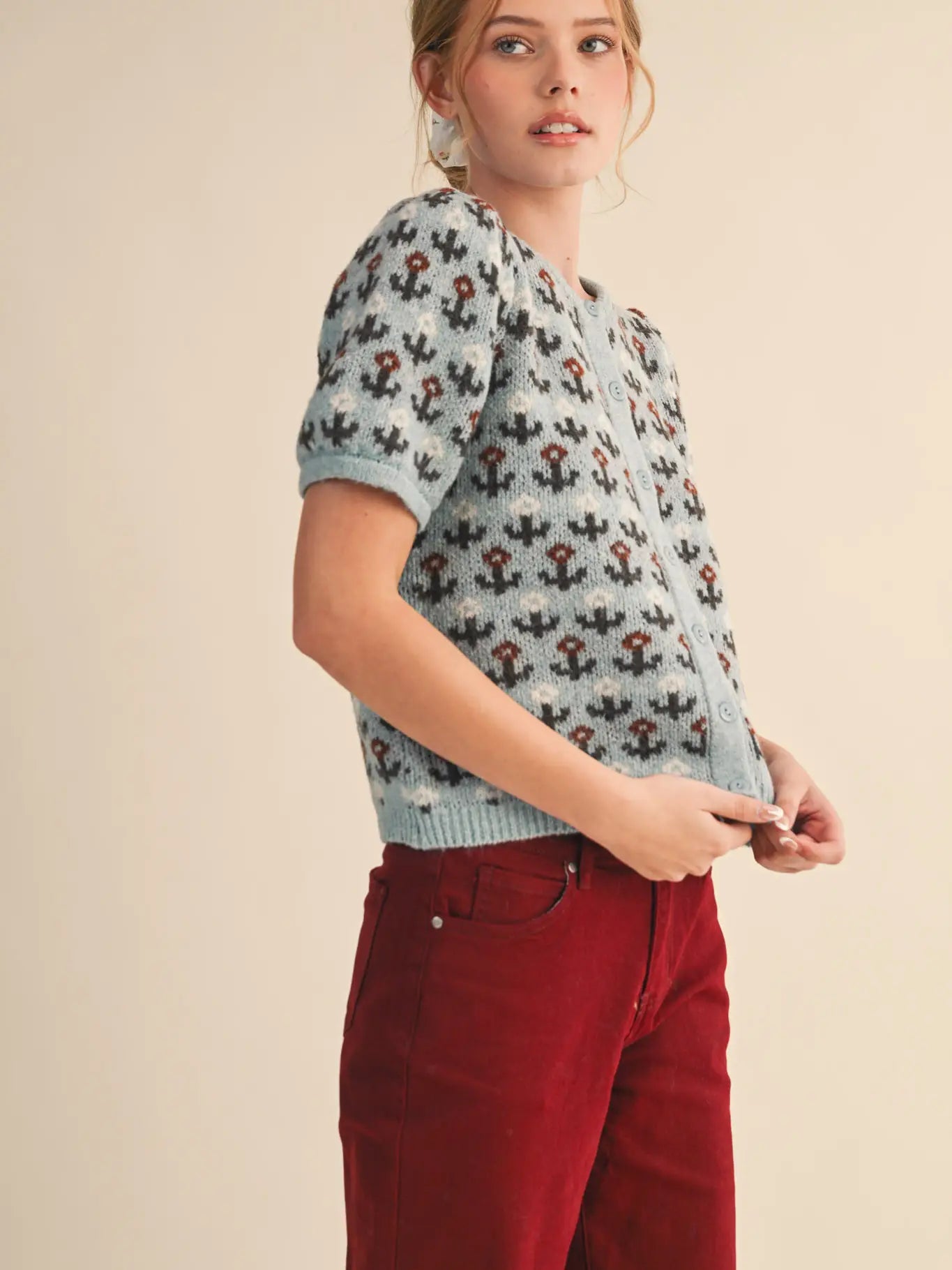 Floral Short Sleeve Sweater Cardigan | Blue Brown Floral