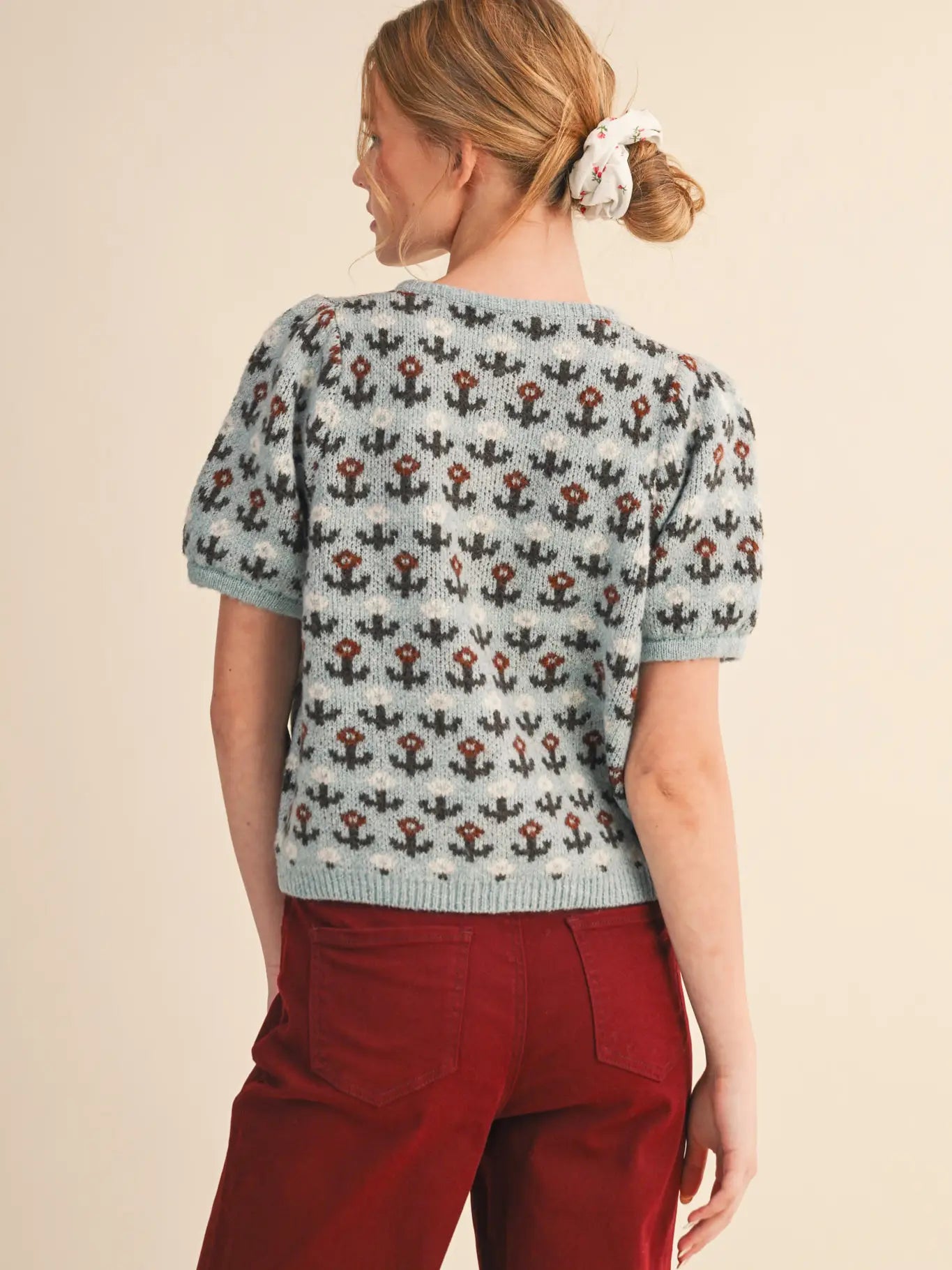 Floral Short Sleeve Sweater Cardigan | Blue Brown Floral