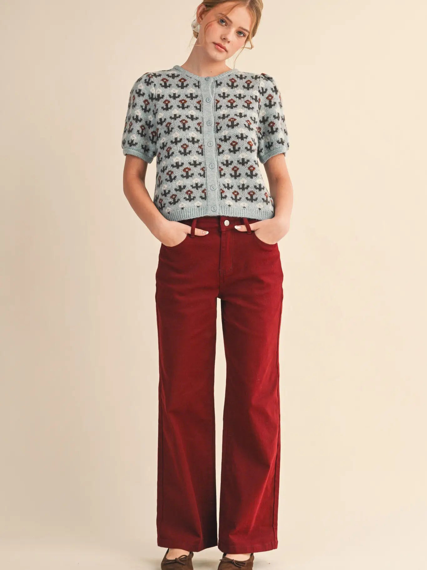 Floral Short Sleeve Sweater Cardigan | Blue Brown Floral