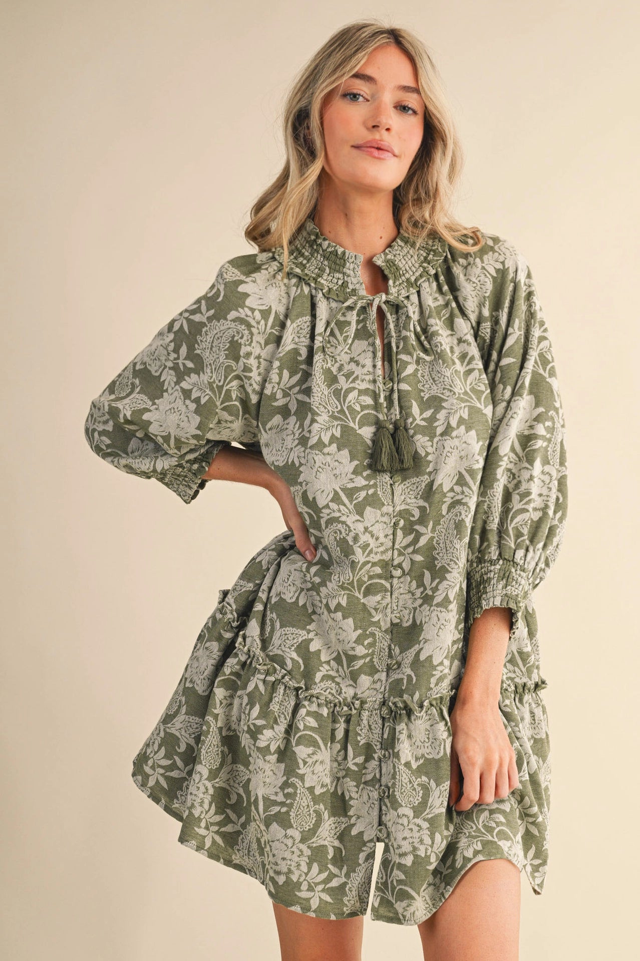 Floral Jacquard Smocked Mini Dress | Olive Floral