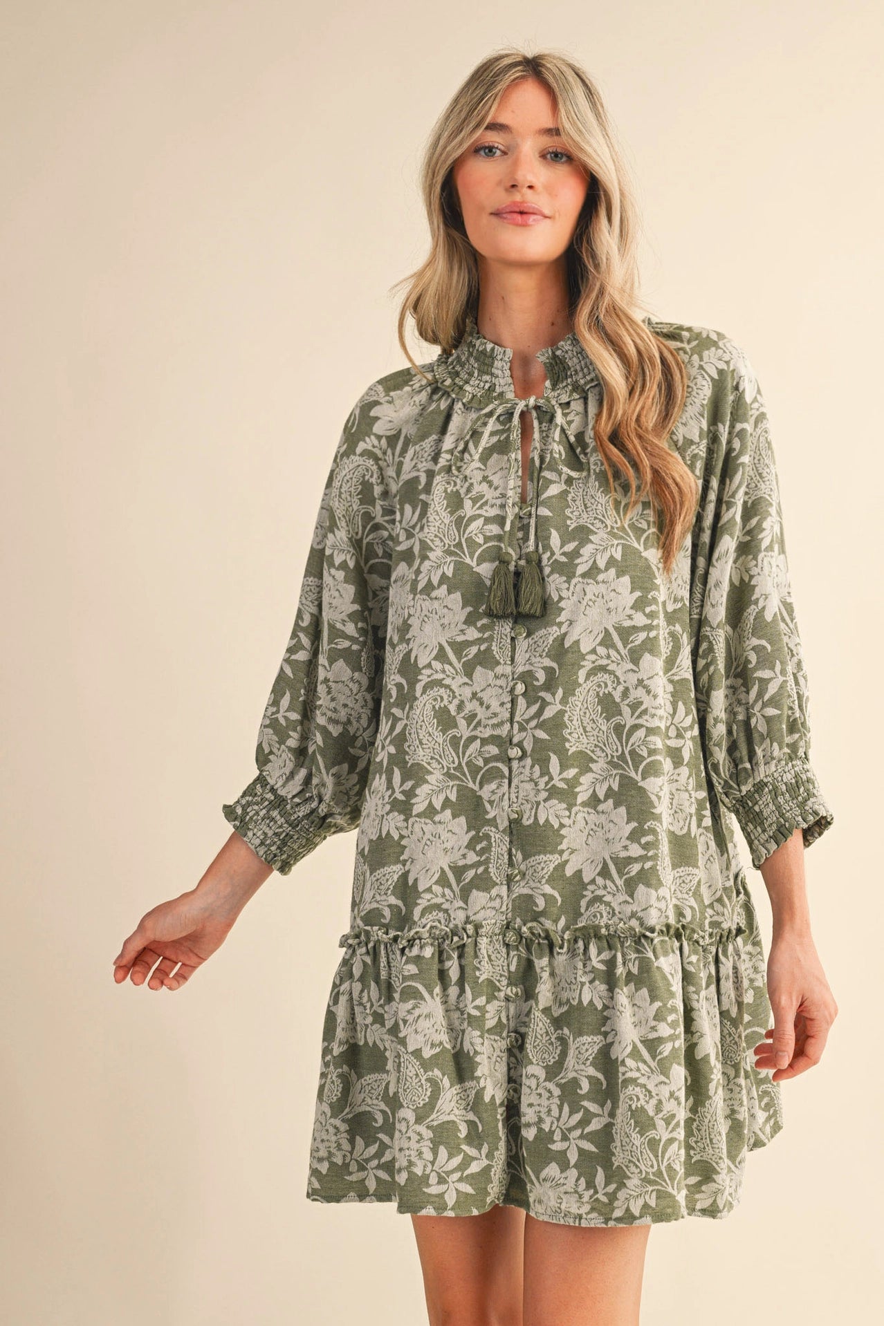 Floral Jacquard Smocked Mini Dress | Olive Floral