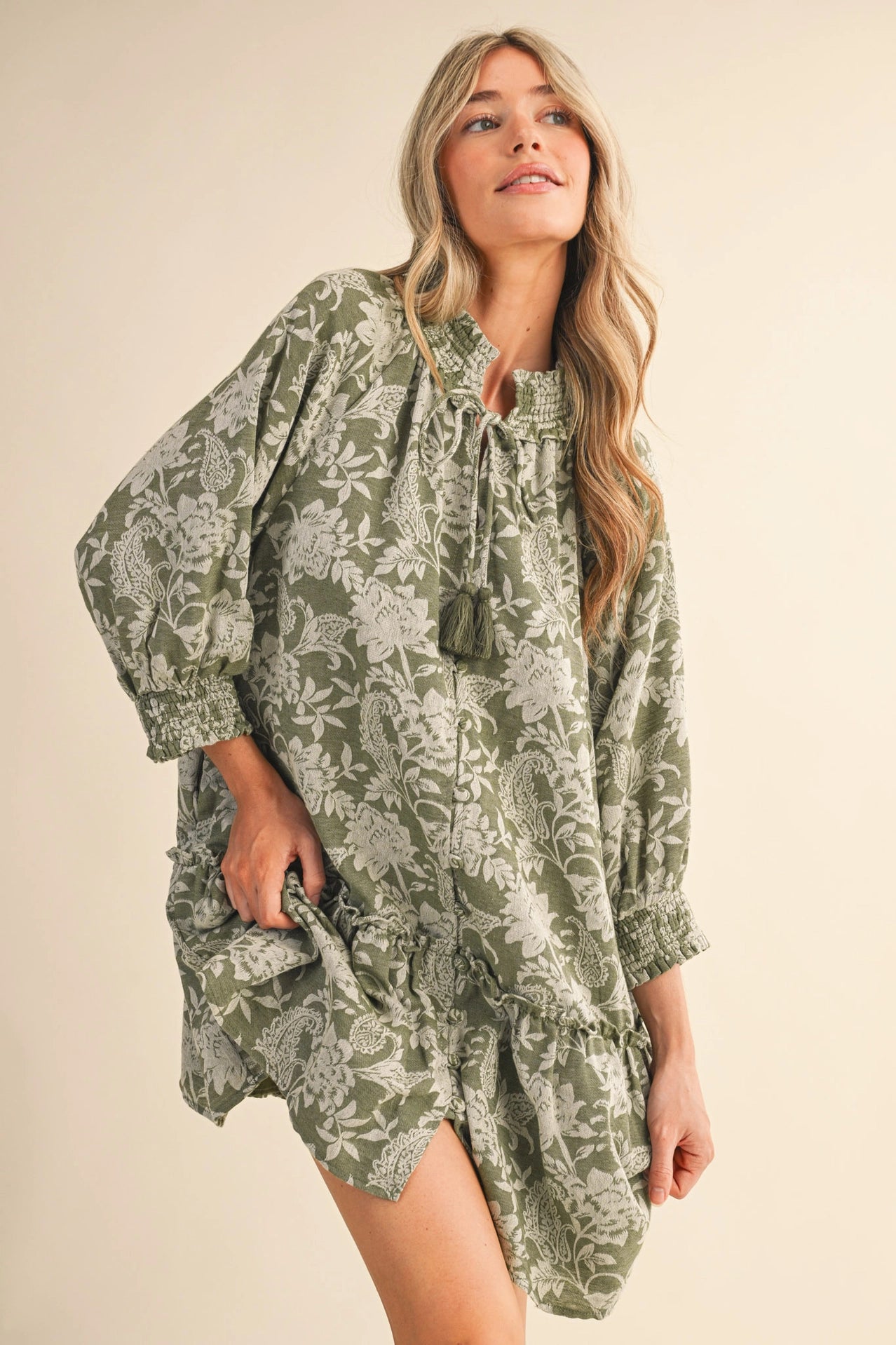 Floral Jacquard Smocked Mini Dress | Olive Floral