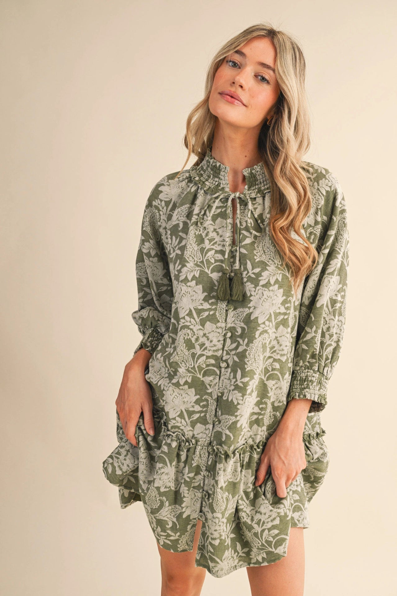 Floral Jacquard Smocked Mini Dress | Olive Floral