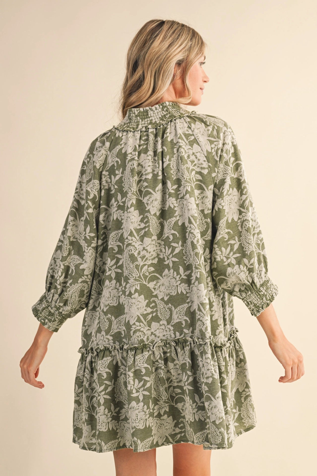 Floral Jacquard Smocked Mini Dress | Olive Floral