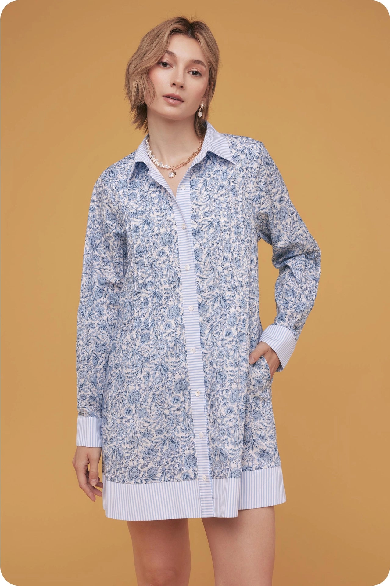 Floral Print Stripe Contrast Shirt Mini Dress