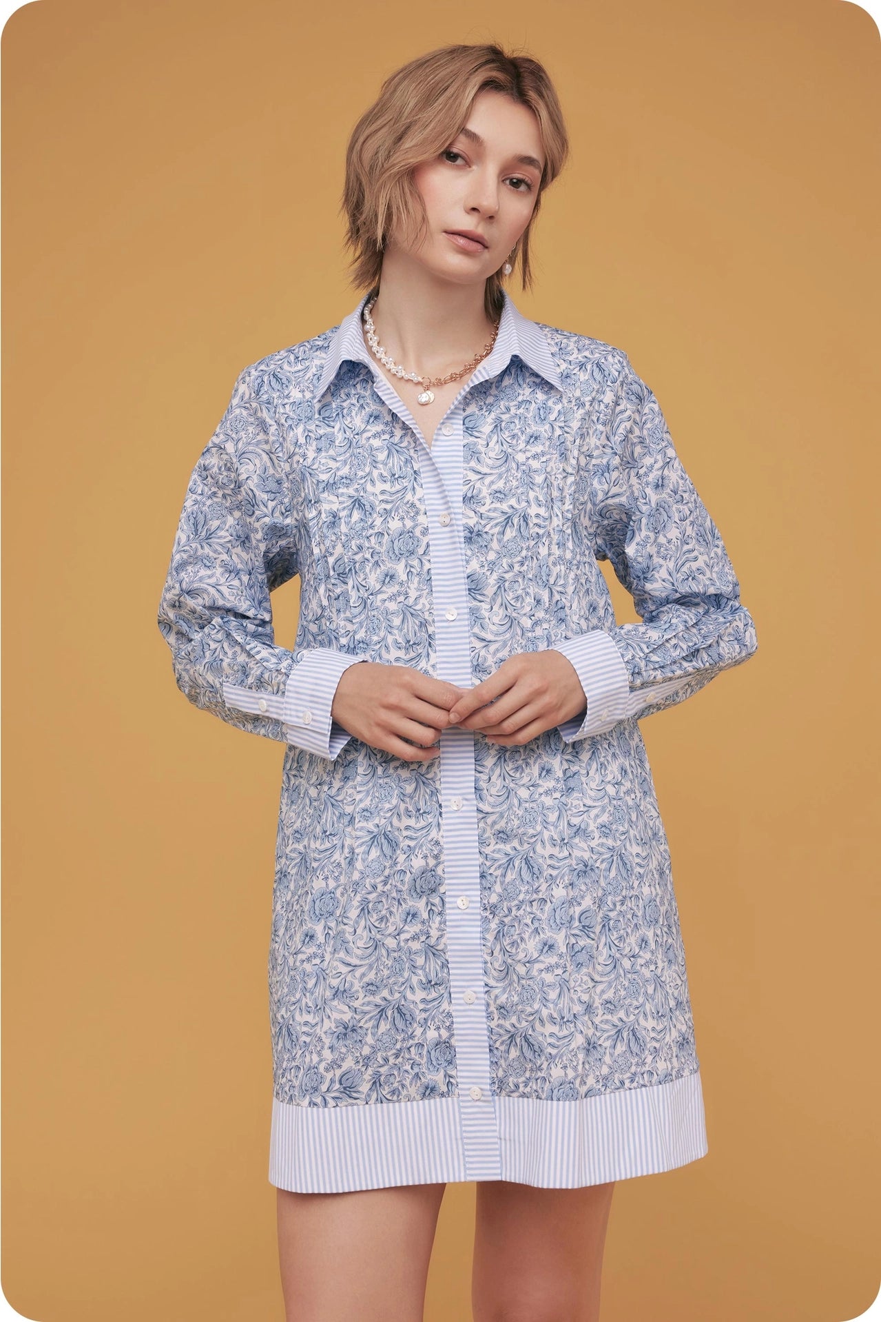 Floral Print Stripe Contrast Shirt Mini Dress