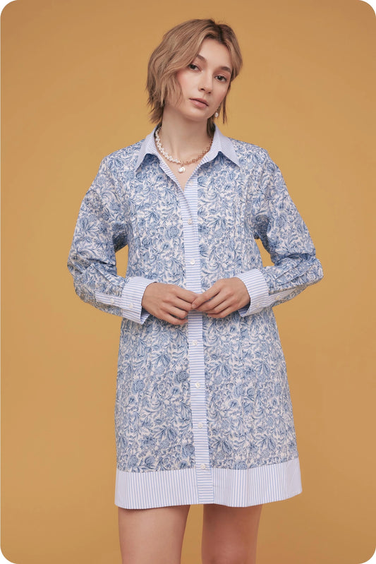 Floral Print Stripe Contrast Shirt Mini Dress