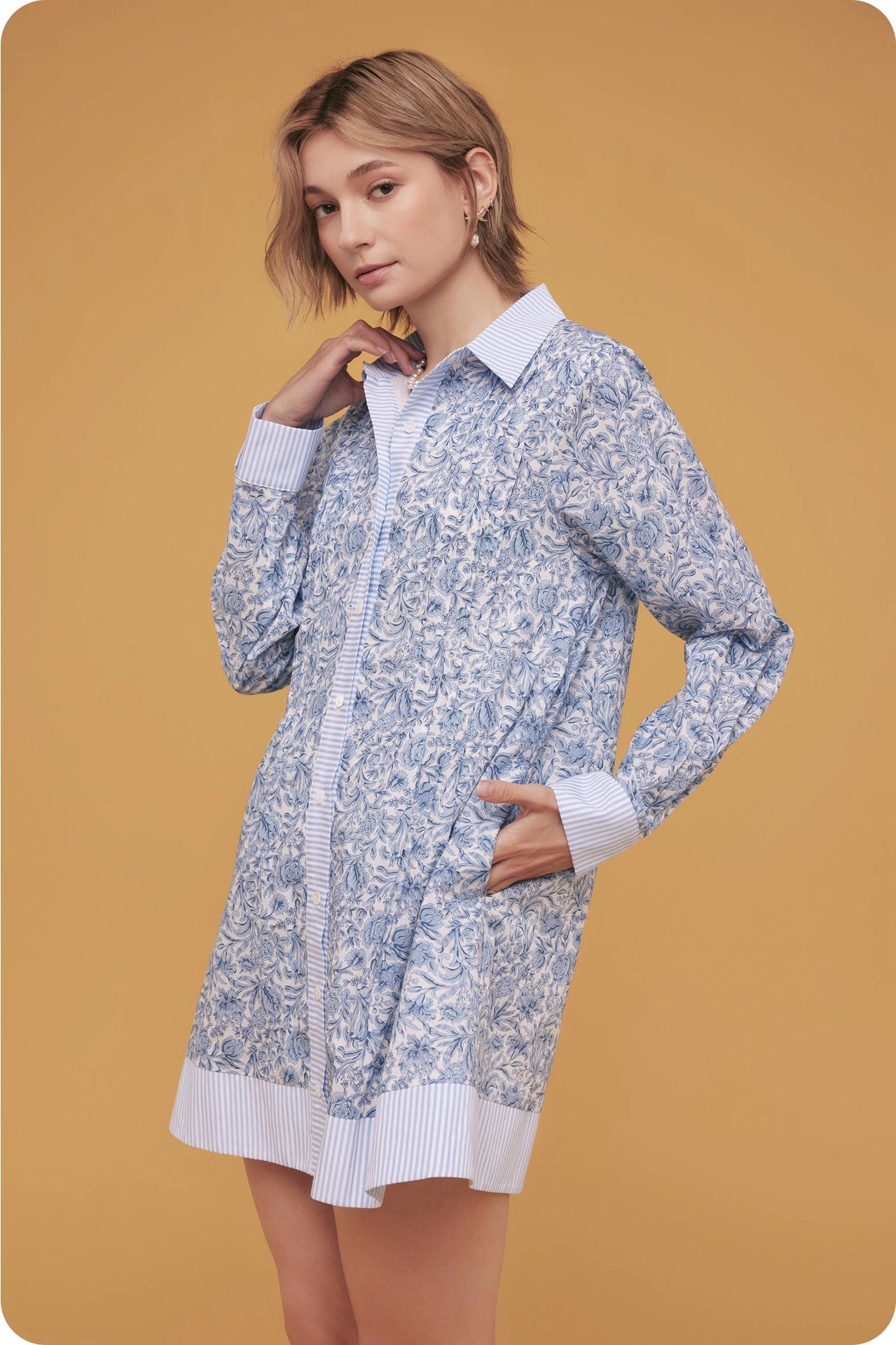 Floral Print Stripe Contrast Shirt Mini Dress