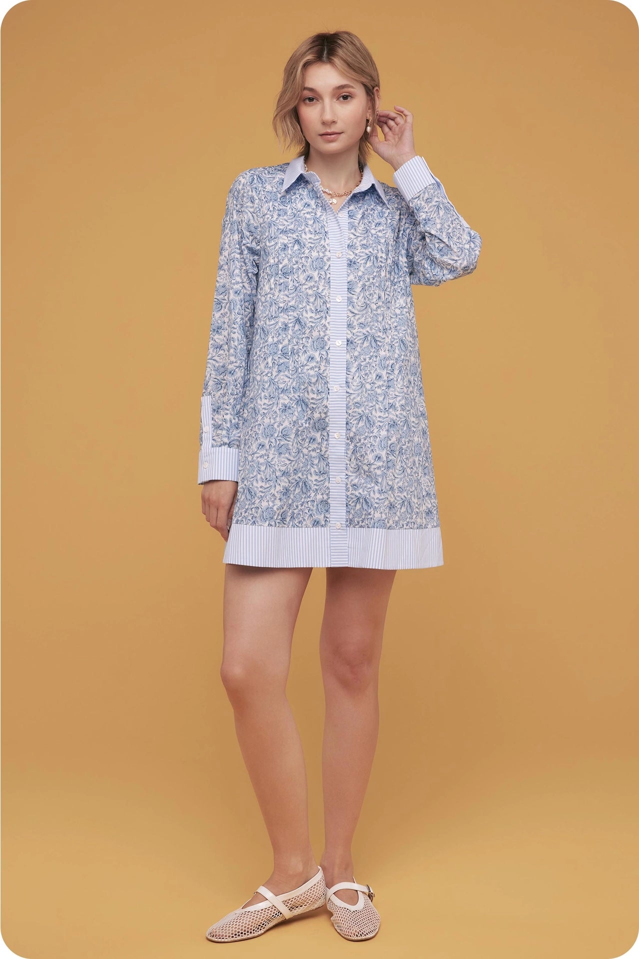 Floral Print Stripe Contrast Shirt Mini Dress