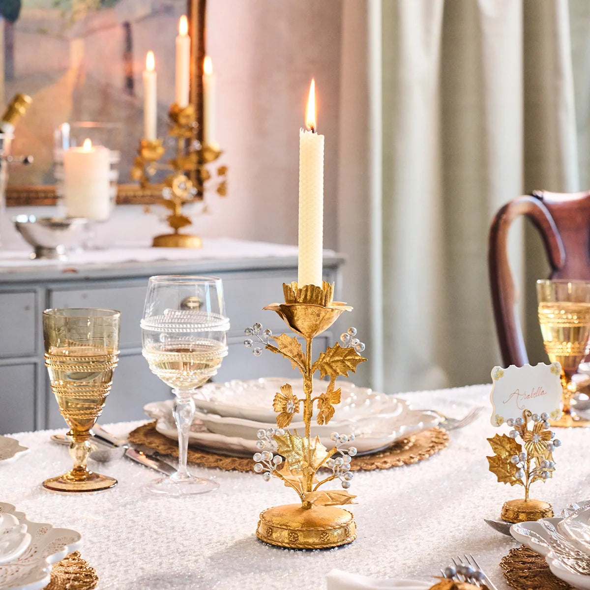 Forest Walk Holly 9" Candlestick | Gold/Silver