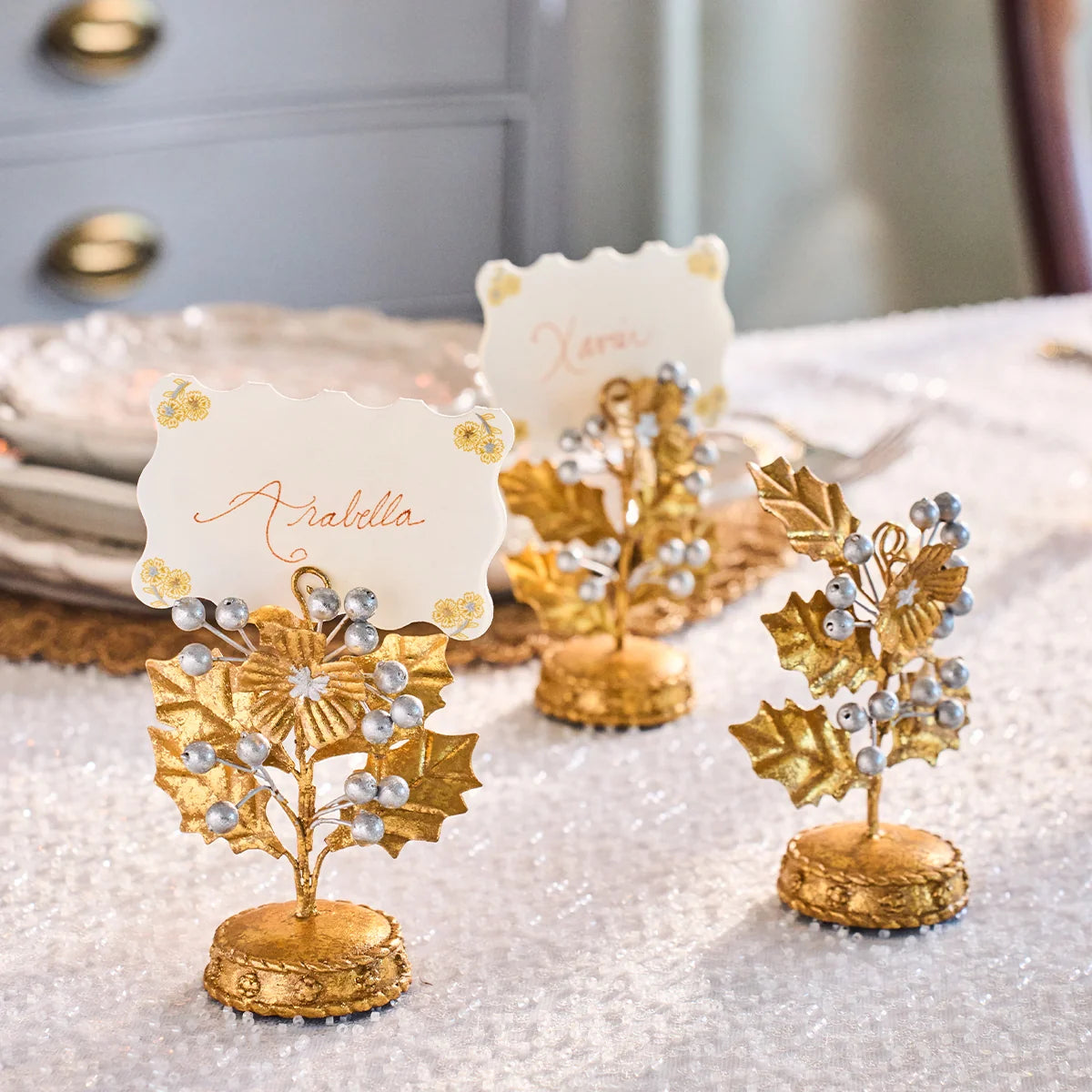 Forest Walk Holly Place Card Holder | Gold/Silver