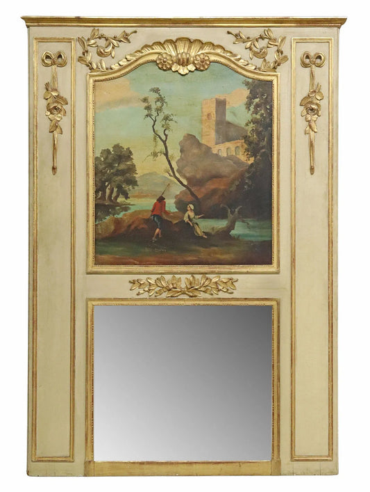 French Louis XVI Style Giltwood & Painted Trumeau Mirror