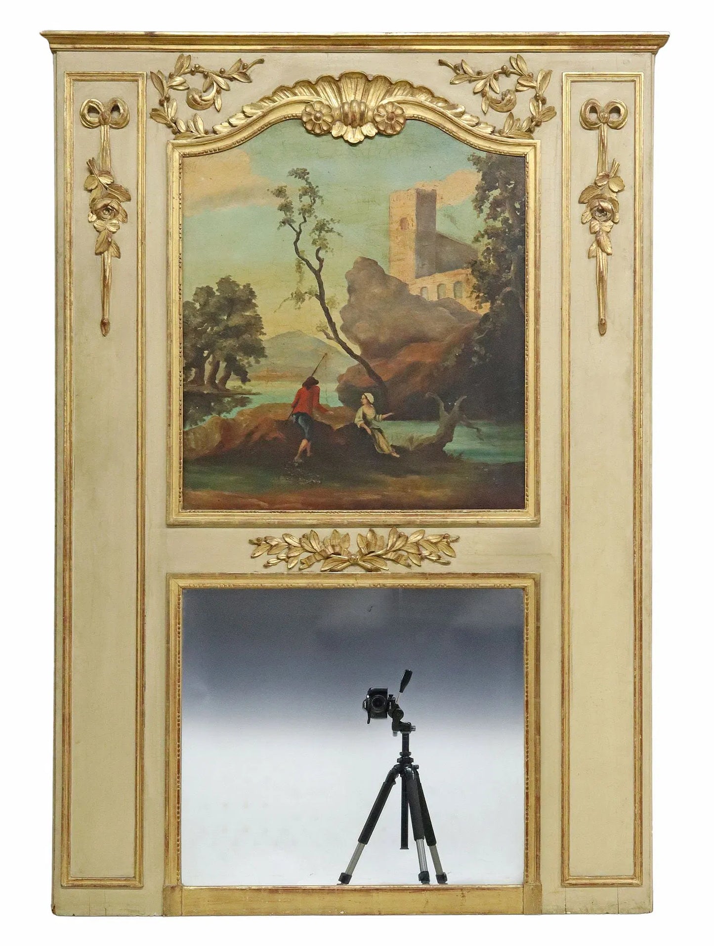 French Louis XVI Style Giltwood & Painted Trumeau Mirror