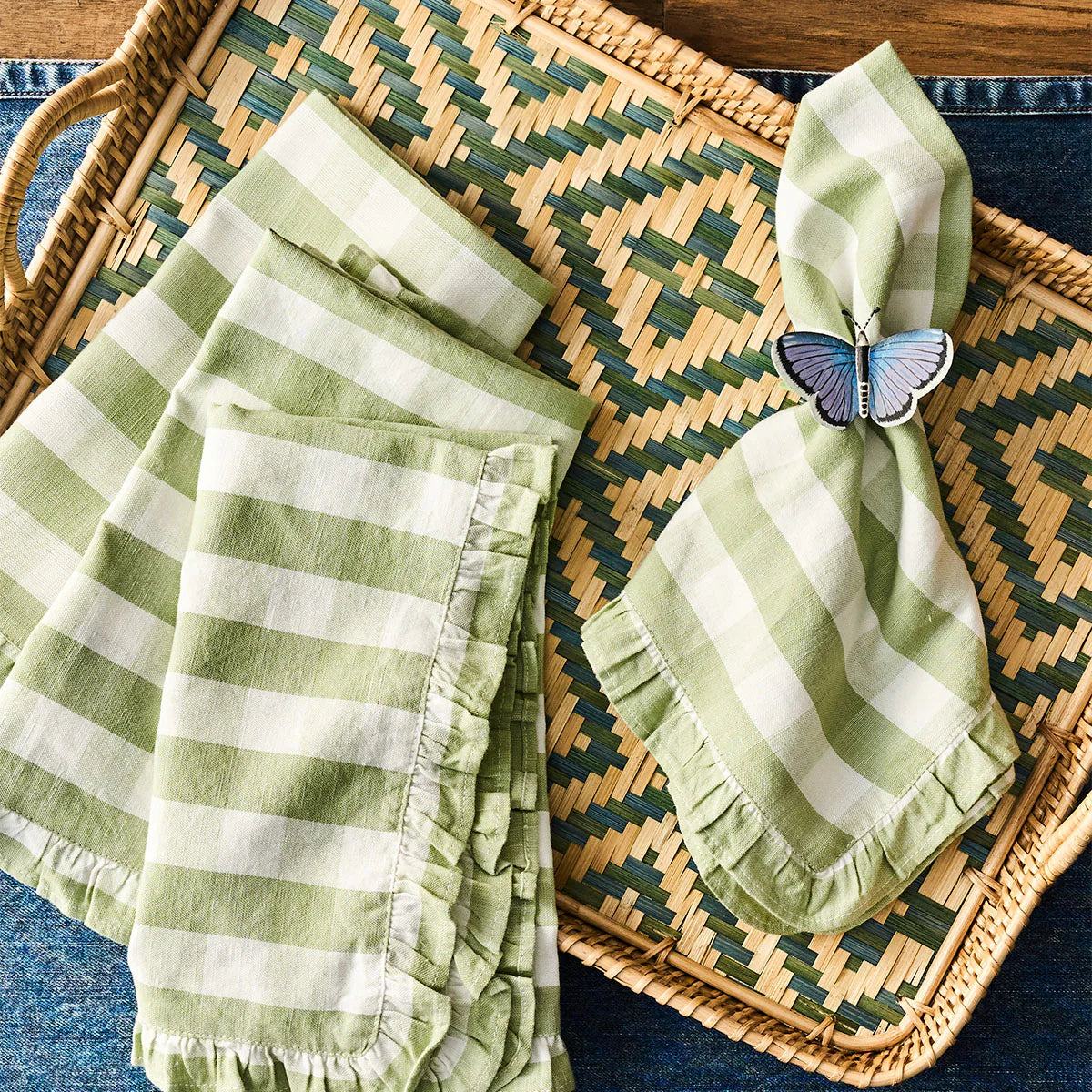 Gingham Ruffle Napkin Set/4 |Seagrass