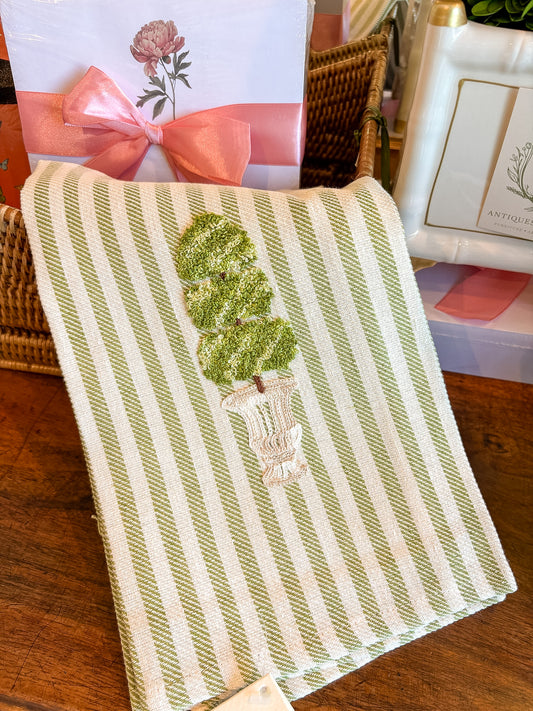 Hand Embroidered Topiary 1 Christmas Tree Apple Green | Busatti Pomelo Kitchen Towel | Col. 8