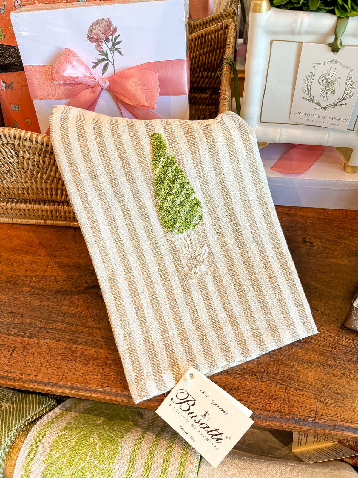 Hand Embroidered Topiary 3 Christmas Tree Sand | Busatti Pomelo Kitchen Towel | Col. 113