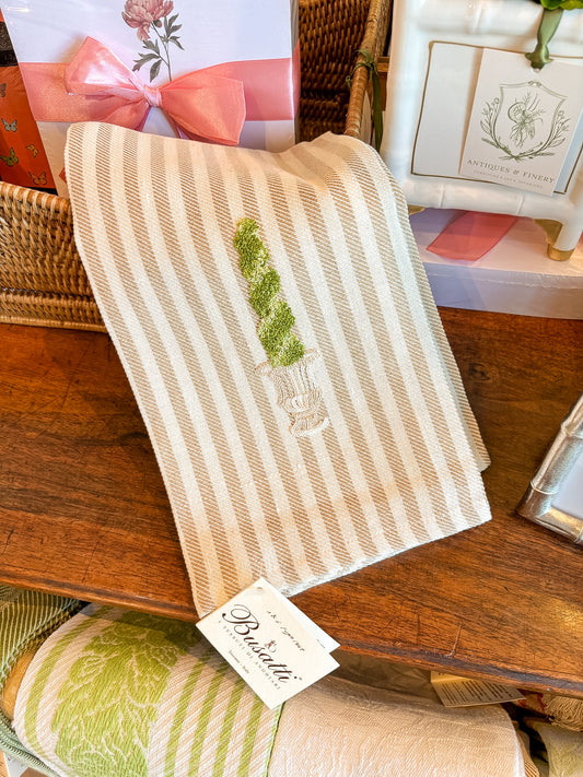 Hand Embroidered Topiary 2 Christmas Tree Sand | Busatti Pomelo Kitchen Towel | Col. 113