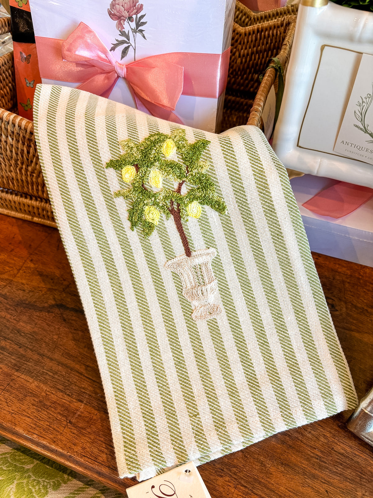 Hand Embroidered Lemon Tree Apple Green | Busatti Pomelo Kitchen Towel | Col. 8
