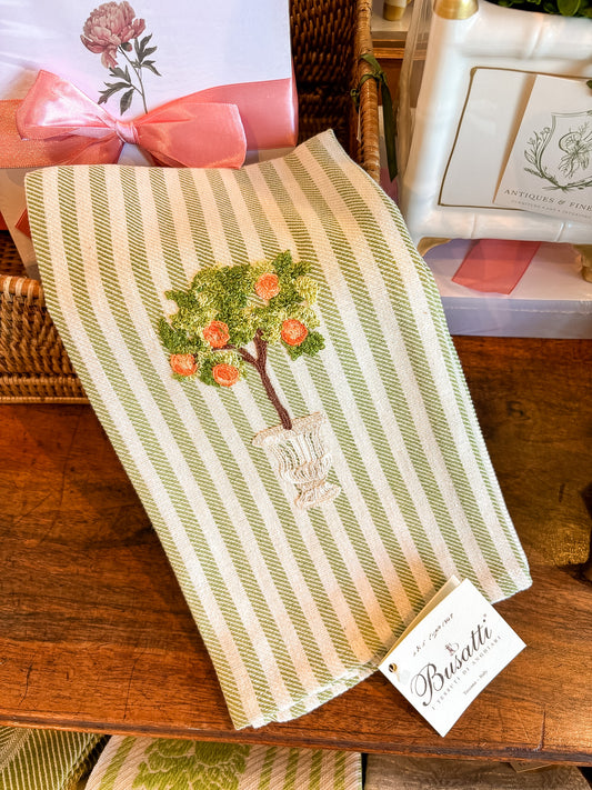 Hand Embroidered Orange Tree Apple Green | Busatti Pomelo Kitchen Towel | Col. 8