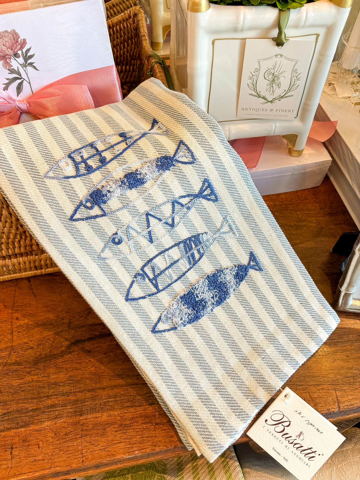 Hand Embroidered Fish Woad Blue | Busatti Pomelo Kitchen Towel | Col. 135