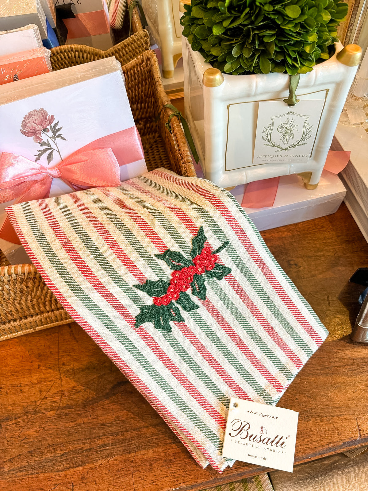 Mistletoe Red/Forest Green | Busatti Pomelo Kitchen Towel | Col. 2/50 Hand Embroidered
