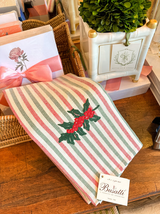 Holly Stem Red/Forest Green | Busatti Pomelo Kitchen Towel | Col. 2/50 Hand Embroidered
