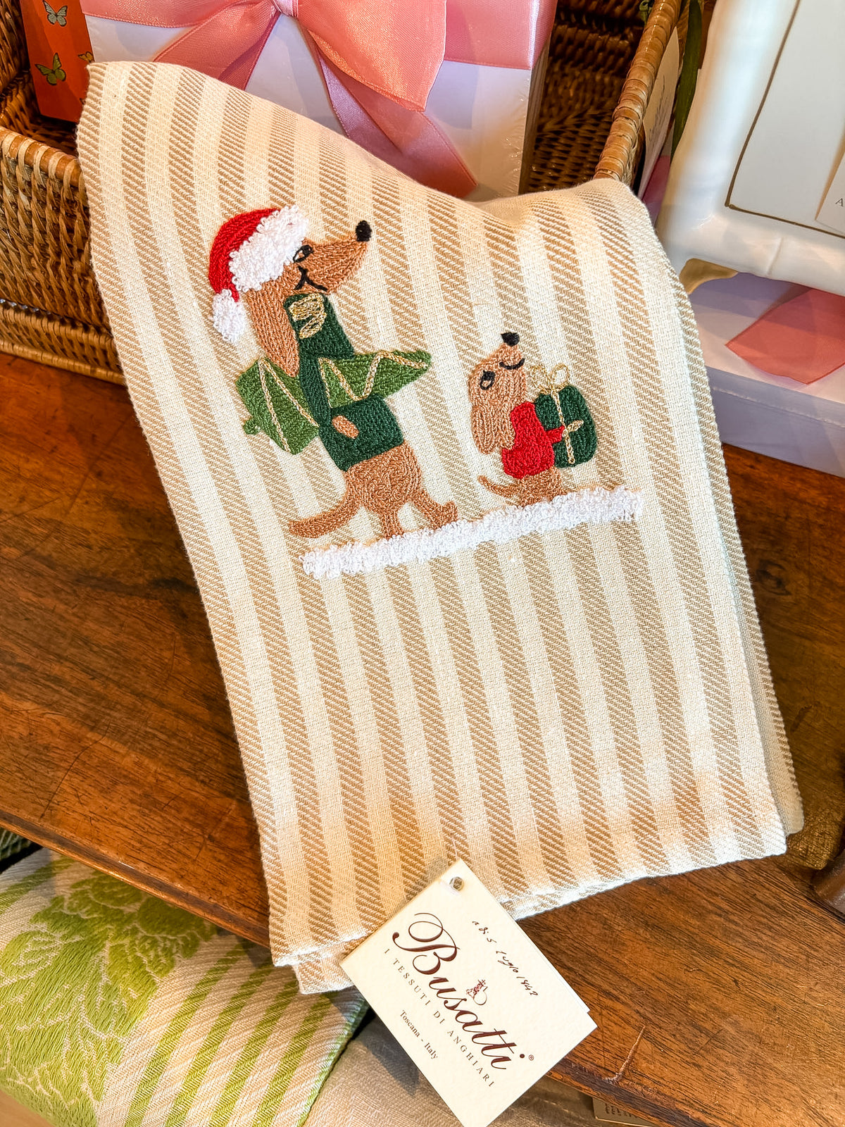 Hand Embroidered Dogs with Presents Taupe | Busatti Pomelo Kitchen Towel | Col. 37