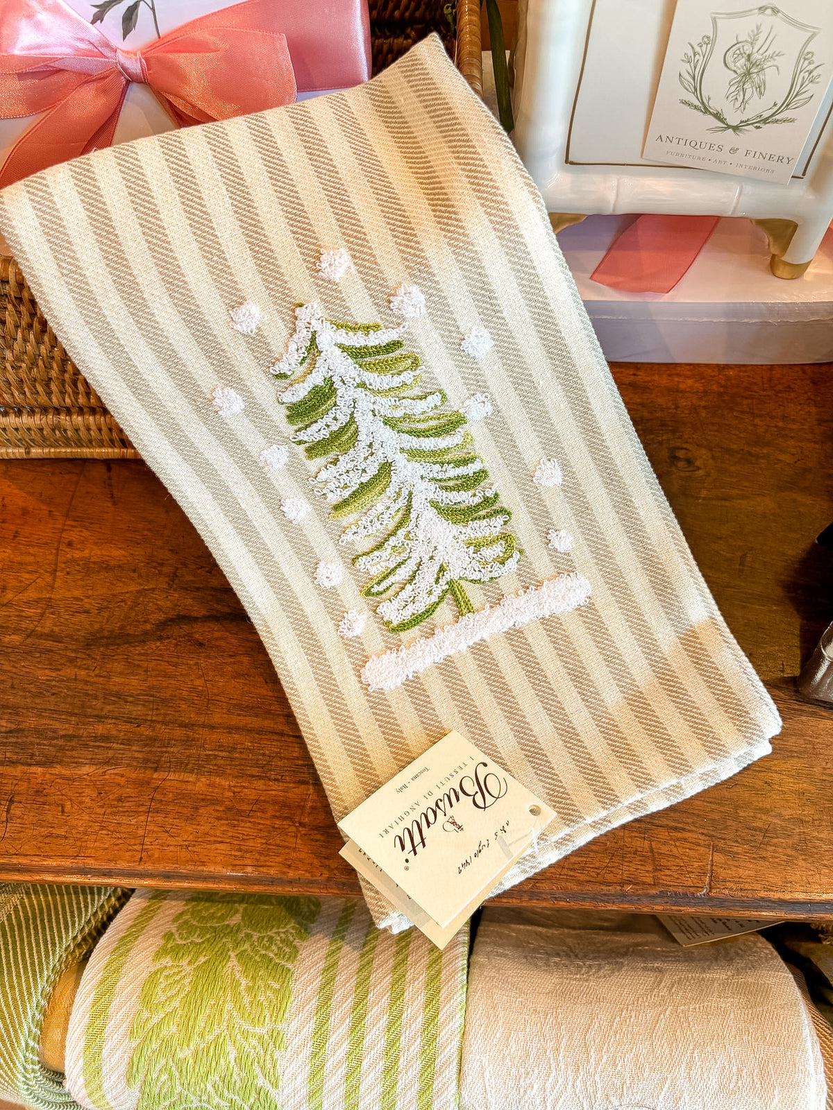 Hand Embroidered Christmas Tree Verde Acqua | Busatti Pomelo Kitchen Towel | Col. 118