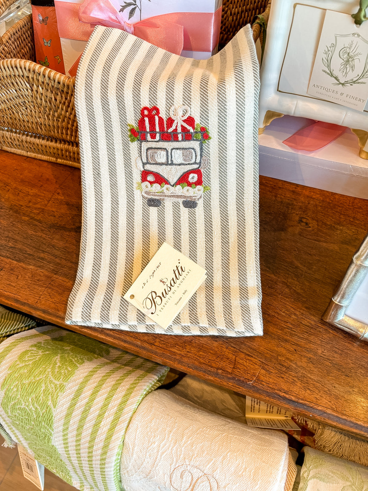 Hand Embroidered Fire Truck with Presents Sky Blue | Busatti Pomelo Kitchen Towel | Col. 6