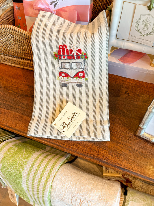 Hand Embroidered Fire Truck with Presents Sky Blue | Busatti Pomelo Kitchen Towel | Col. 6