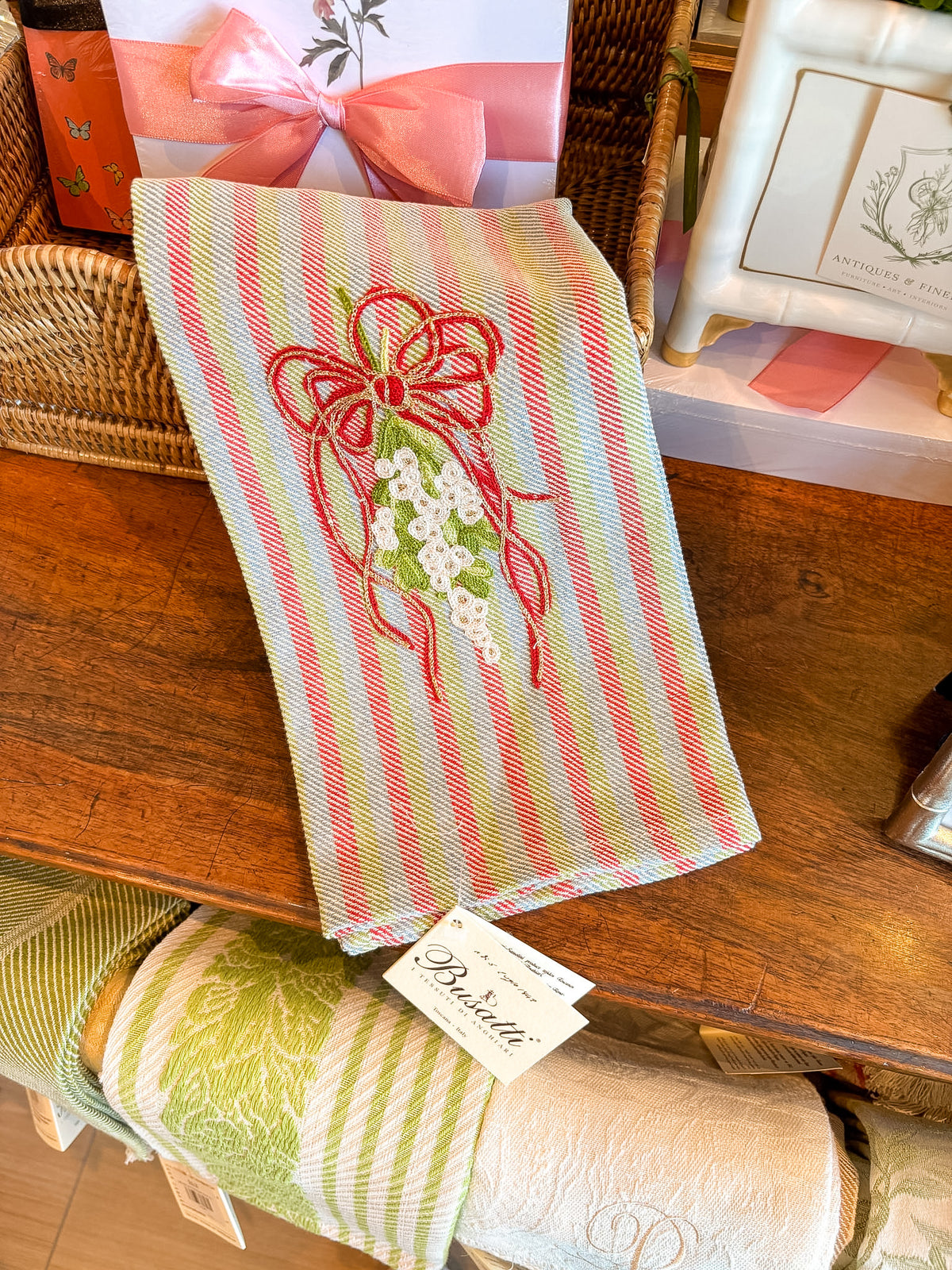 Hand Embroidered Mistletoe Apple Green/Red/Woad Blue | Busatti Pomelo Kitchen Towel | Col. 8/2/135
