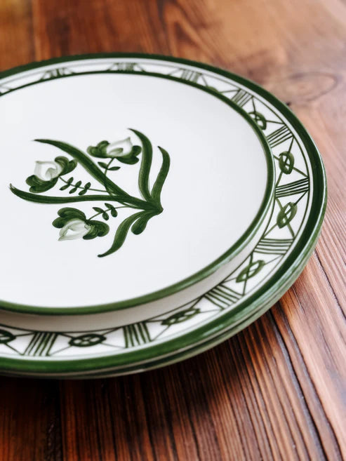 Lisbon Dinner Plate with Floral Center and Filigree Rim ~ hand painted | Verde Green