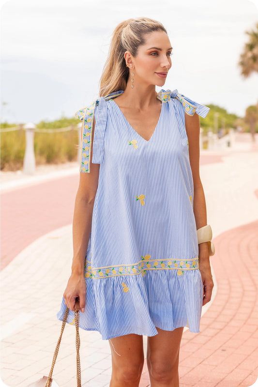 Lemon Embroidery Bow Strap Detail Stripe Mini Dress