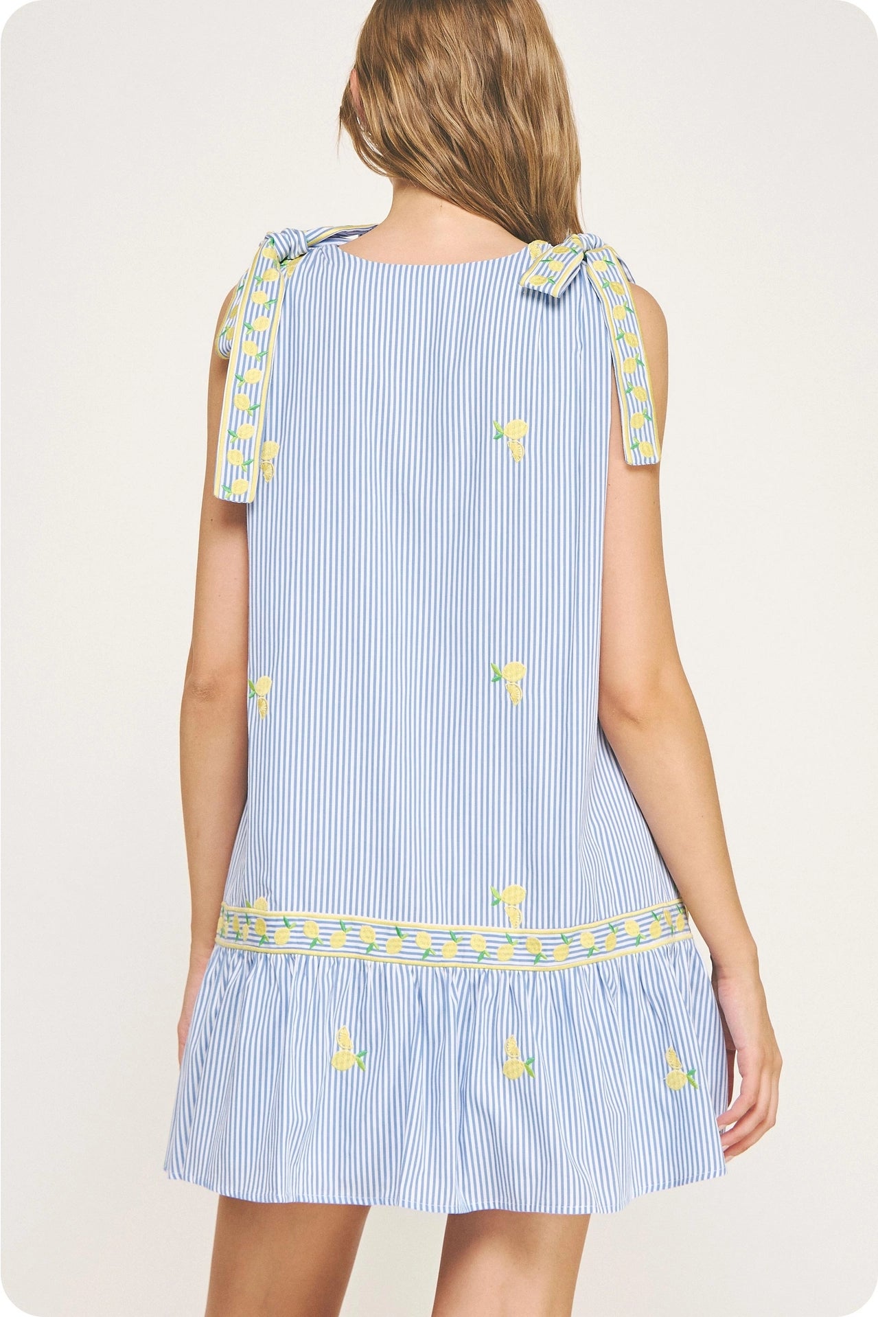 Lemon Embroidery Bow Strap Detail Stripe Mini Dress